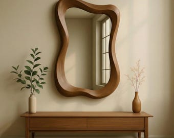 Asymmetrical Walnut Mirror, Solid Wood Wall Mirror, Organic Design Vanity, Living Room Decor