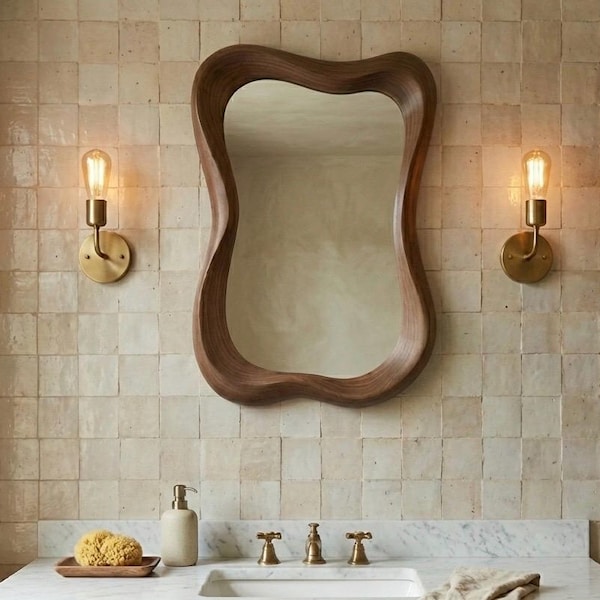 Espejo asimétrico de nogal, espejo de pared de madera maciza, tocador de diseño orgánico, decoración para sala de estar.