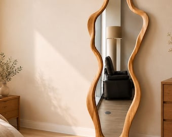 Handmade Real Oak Asymmetric Floor Mirror, Large Curvy Wood Frame, Full Length Bedroom-Living Room Decor