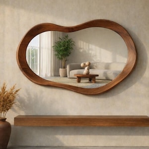 本物のクルミ材フレームミラー、非対称の壁装飾、不規則なジャパニーズスタイル
