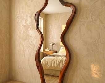 Handmade Walnut Asymmetric Floor Mirror, Large Curvy Wood Frame, Full Length Bedroom-Living Room Decor