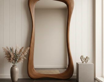 Handmade Organic Shape Full Length Mirror - Rustic Walnut or Oak Wood Floor Mirror