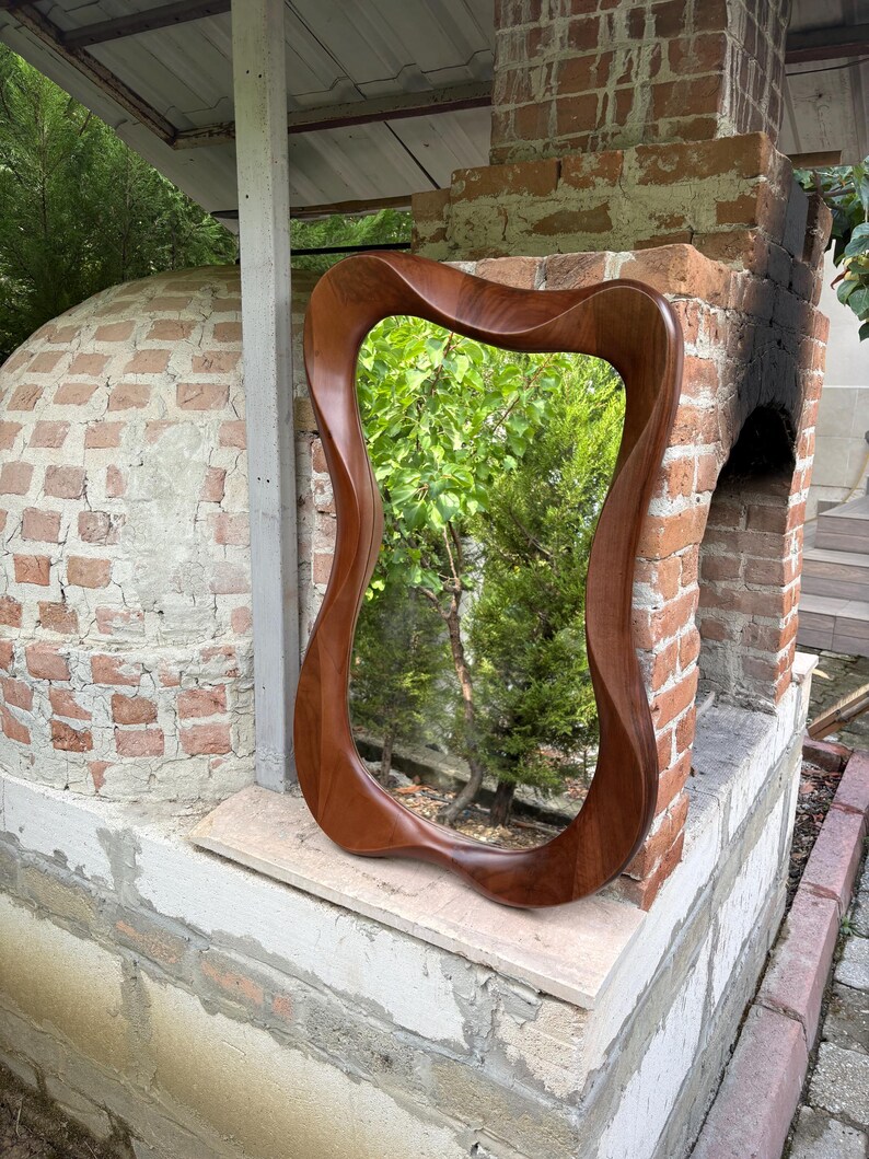 Asymmetrical Walnut Mirror, Solid Wood Wall Mirror, Organic Design Vanity, Living Room Decor image 3