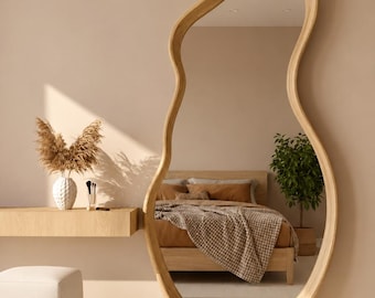 Oak Organic Full Length Mirror, Wooden Floor Decor, Asymmetrical Statement Piece