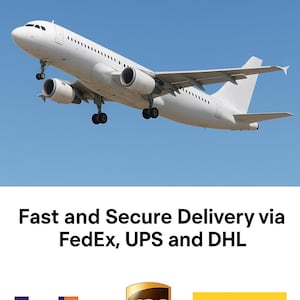 May include: A white commercial airplane in flight against a clear blue sky. Below the aircraft, the text reads: Fast and Secure Delivery via FedEx, UPS and DHL, accompanied by the purple and orange FedEx logo, the brown UPS shield, and the red DHL logo.