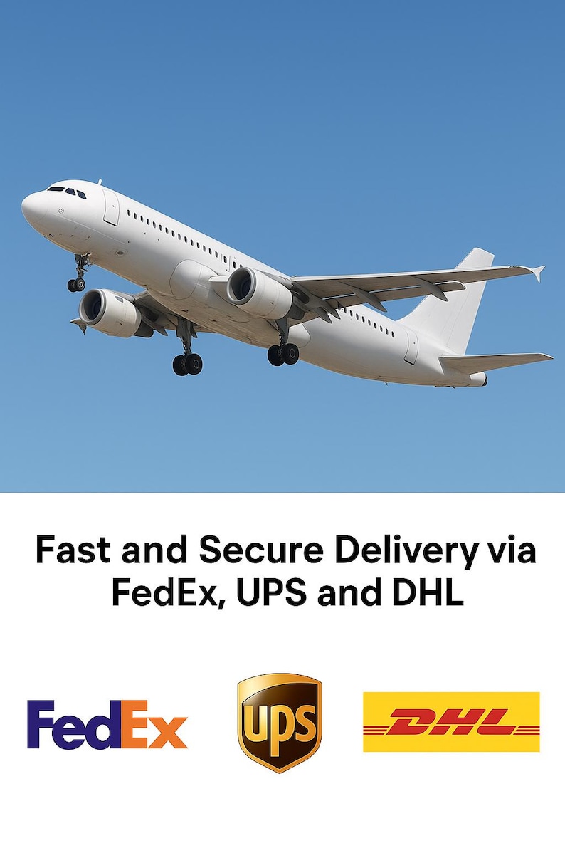 May include: A white commercial airplane in flight against a clear blue sky. Below the aircraft, the text reads: Fast and Secure Delivery via FedEx, UPS and DHL, accompanied by the purple and orange FedEx logo, the brown UPS shield, and the red DHL logo.