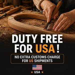 Puede incluir: Un marco de madera de forma ovalada siendo tallado con un cincel de metal. La imagen presenta el texto DUTY FREE FOR USA! NO EXTRA CUSTOMS CHARGE FOR US SHIPMENTS, junto con un icono de la bandera de EE. UU. y la palabra USA con dos estrellas.