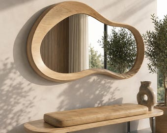 Espejo asimétrico de roble macizo, marco de madera hecho a mano, decoración de pared de estilo moderno de mediados de siglo, regalo de inauguración de casa.