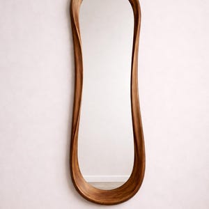 Walnut Asymmetrical Mirror, Hand Carved Narrow Full Length Mirror, Irregular Japandi Style image 3