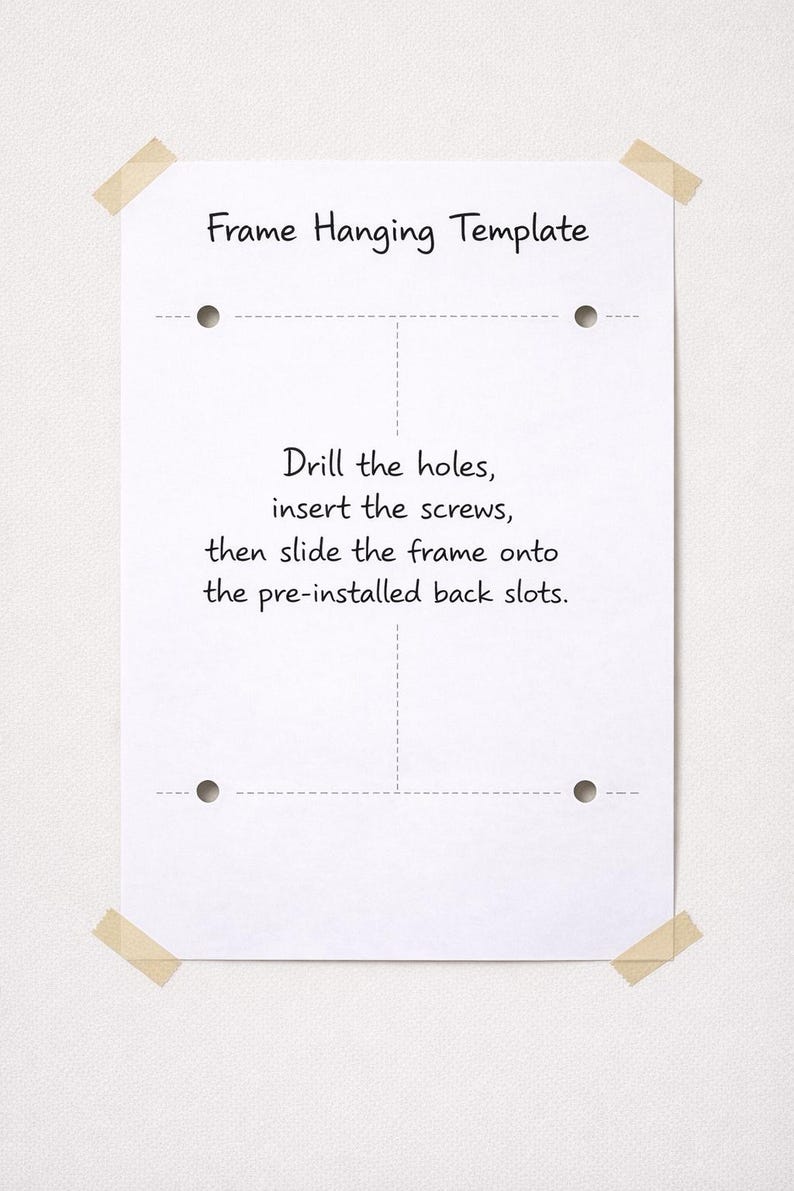 May include: A white rectangular frame hanging template paper with four circular hole markers and dashed alignment lines. The text reads: Frame Hanging Template. Drill the holes, insert the screws, then slide the frame onto the pre-installed back slots.