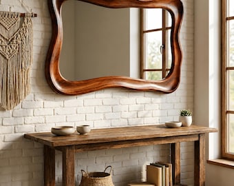 Irregular Walnut Mirror, Wavy Wood Frame, Rustic Wall Decor