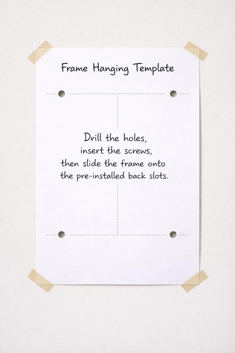 May include: A white rectangular frame hanging template paper with four circular hole markers, dashed alignment lines, and black text that reads: Frame Hanging Template. Drill the holes, insert the screws, then slide the frame onto the pre-installed back slots.