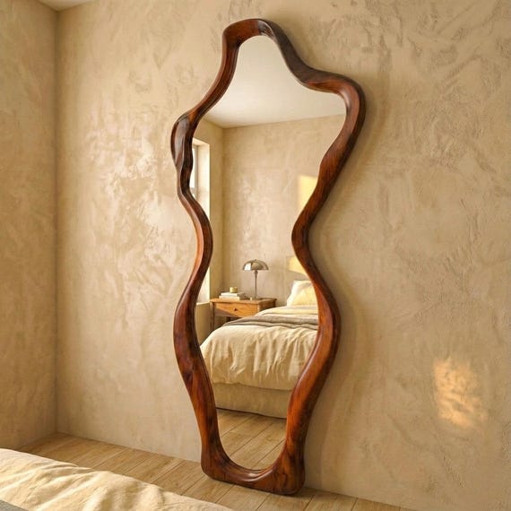 Handmade Walnut Asymmetric Floor Mirror, Large Curvy Wood Frame