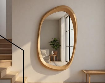 Oak Asymmetrical Mirror, Japandi Wall Decor, Solid Wood Design for Bathroom Vanity