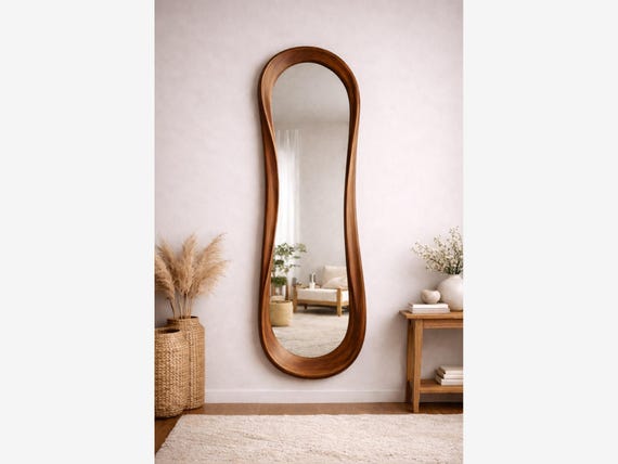 Walnut Asymmetrical Mirror, Hand Carved Narrow Full Length Mirror, Irregular Japandi Style