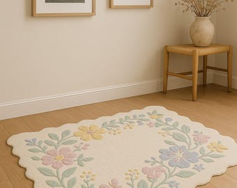 Pastel Floral Tufted Rug | Vintage-Inspired Scalloped Cream Carpet