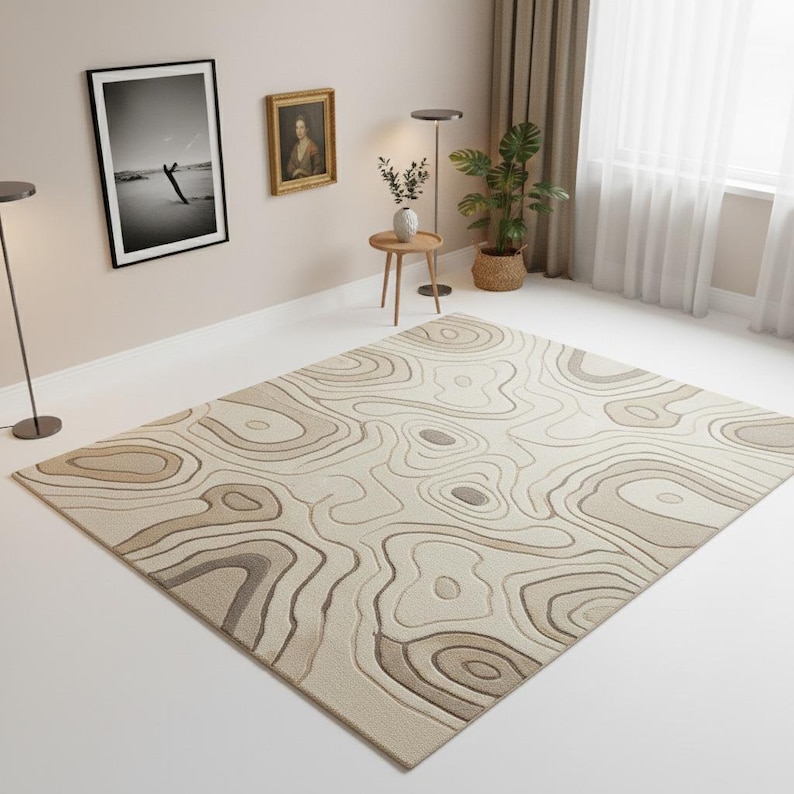 Topography Rug Pattern Organic Topographic Rug – Modern Tufted Beige Contour Carpet - Etsy