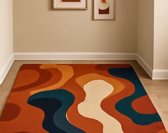 Abstract Wave Area Rug – Retro Modern Decor, Bold Colors