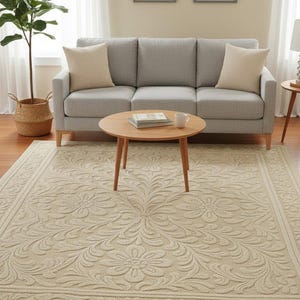 Tufted Floral Embossed Beige Area Rug | Plush Carved Carpet - Etsy