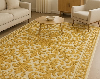 May include: A cream-coloured rectangular rug with a raised, golden-yellow floral design. The rug has a detailed border and is in a living room with furniture. The rug's dimensions are in centimetres.