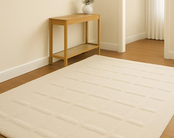Cream Plush Grid Rug • Minimalist Modern Textured Area Carpet