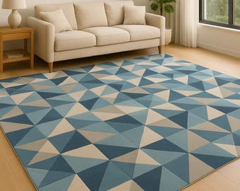 Blue Geometric Area Rug – Hand-Tufted Scandinavian Decor