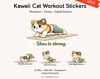 Kawaii Chubby Cat Fitness Stickers | 12 Months Motivation PNG | Digital Planner Stickers