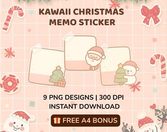 9 Kawaii Christmas Memo Stickers | PNG | 300 DPI | Instant Download | Free A4 Bonus