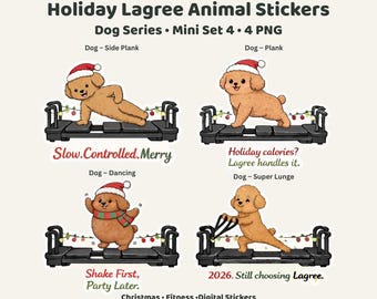 Holiday Lagree Dog Stickers – Kawaii Christmas Fitness, Mini Set 4 (PNG Digital Stickers)