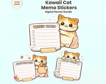 Kawaii Cat Memo Stickers | Digital Planner Bundle for iPad (16 PNG)