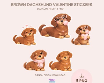 Brown Dachshund Valentine Stickers | Cozy Pastel Dog PNG Mini Pack (5 PNG)