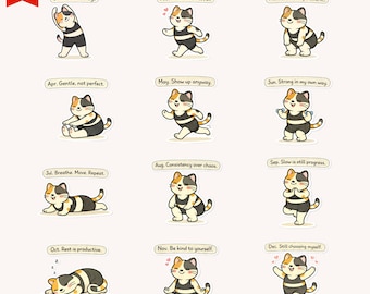 Kawaii Cat Cozy Planner Stickers – 12 Months + Bonus – Digital PNG
