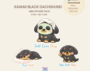 Kawaii Dachshund Stickers | Self-Care Planner PNG (5 Stickers)