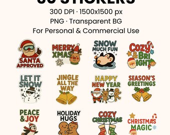 Chrismas Fuzzy Digital Stickers – 30 PNG Bundle | Cozy Holiday Clipart  | 300 DPI Transparent