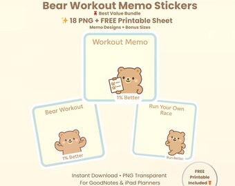 Kawaii Bear Workout Stickers | Fitness Planner, Digital Notes (PNG)