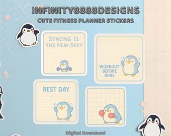 Kawaii Penguin Workout Memo Sticker Bundle | Fitness Planner Stickers | Digital Download
