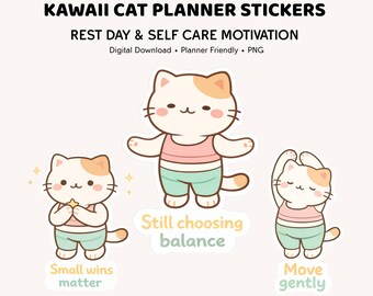 Kawaii Cat Planner Stickers | Rest Day & Self Care Motivation | Cozy Wellness Digital Stickers