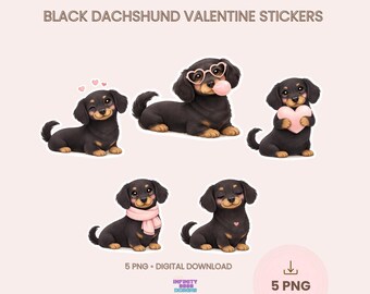 Black Dachshund Valentine Stickers | Cozy Doodle Dog PNG (5 PNG)