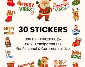 Cozy Christmas Fuzzy Stickers | 30 PNG Clipart| 300 DPI | Commercial Use | Holiday Digital Download
