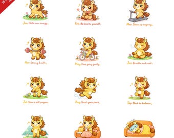 Kawaii Horse Planner Stickers PNG | 12 Months + 4 Bonus | Cozy Digital Download | Horse Motivation Stickers