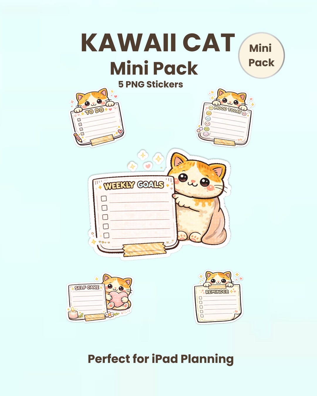 Kawaii Cat Memo Stickers Mini Pack | Digital Planner PNG (5 Designs) - Etsy