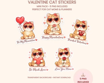 Valentine Cat Stickers Mini Pack (5 PNG) | Happy Meowlentines Planner Stickers