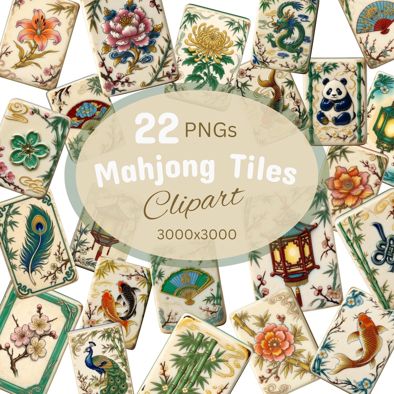 Peut inclure: Ensemble de 22 PNG de tuiles de Mahjong avec divers motifs. Les tuiles pr&eacute;sentent des illustrations de fleurs, d'animaux et de motifs chinois traditionnels. L'image comprend le texte "22 PNGs Mahjong Tiles Clipart 3000x3000".