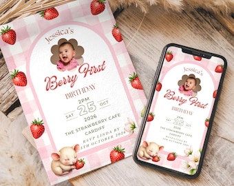 Berry First Birthday Invitation, Canva Template, Strawberry, Birthday, Printable, 1st Birthday