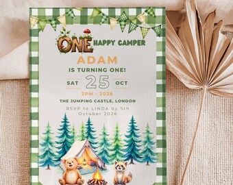 ONE Happy Camper birthday Bundle, Customisable Birthday Templates, Digital Download