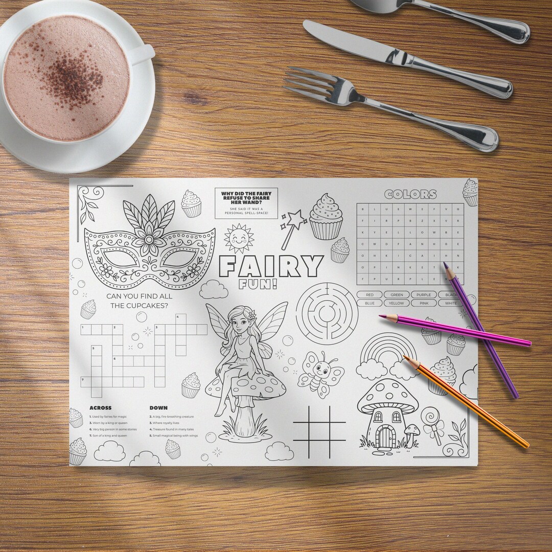 Kids Placemat Activities, Fairy Colouring Page, Instant Download for ...