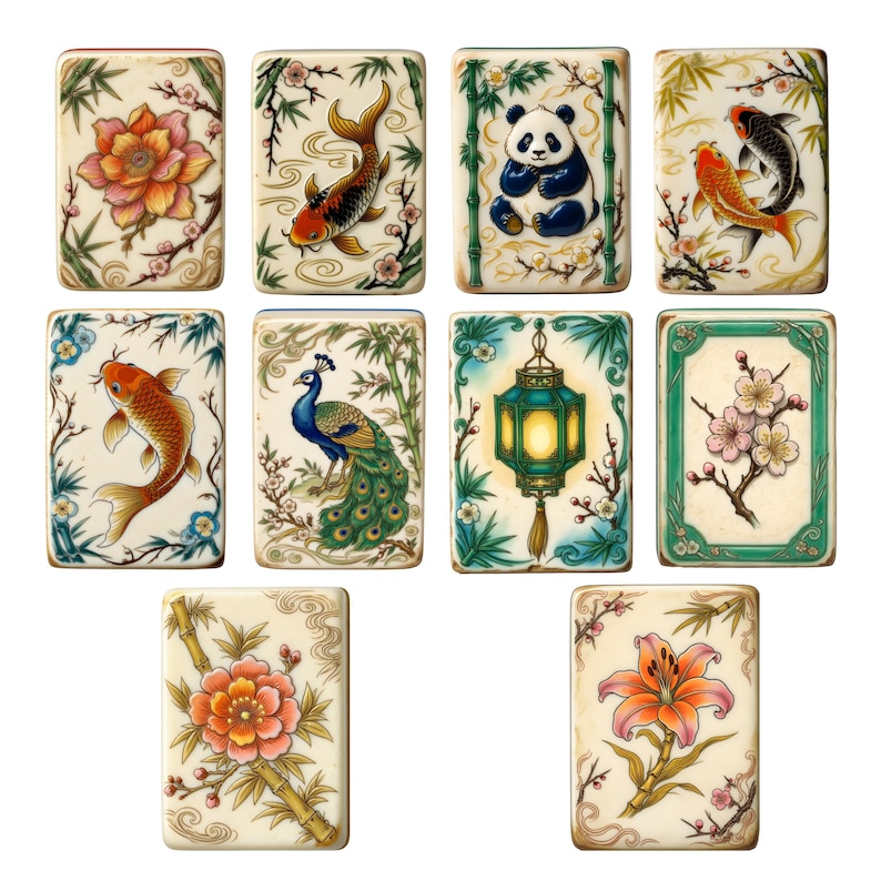 Peut inclure: Dix carreaux rectangulaires avec des motifs d'inspiration asiatique. Chaque carreau pr&eacute;sente une image diff&eacute;rente, comme des carpes ko&iuml;, un panda, un paon et des fleurs, le tout dans un style peint &agrave; la main d&eacute;taill&eacute; sur fond cr&egrave;me.
