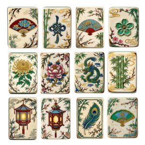 Peut inclure: Douze tuiles rectangulaires avec des motifs asiatiques complexes. Chaque tuile pr&eacute;sente une illustration unique, notamment des &eacute;ventails, des fleurs, des dragons et des lanternes, dans une palette de rouge, vert, bleu et or sur fond cr&egrave;me. Les tuiles sont probablement pour un jeu.