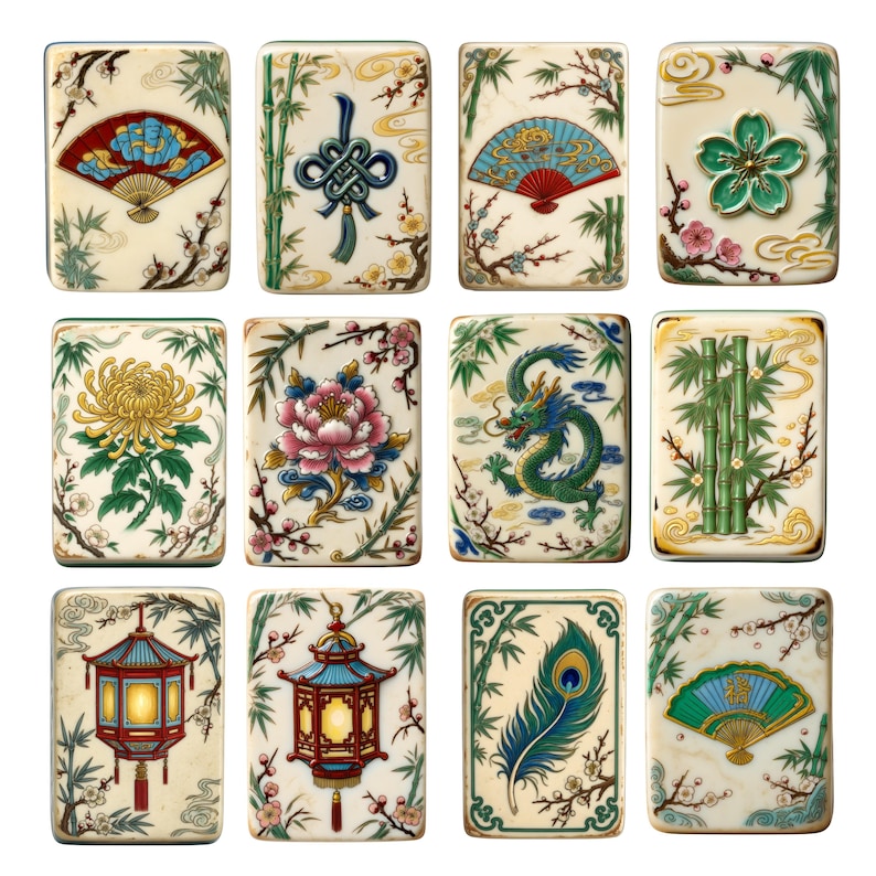 Peut inclure: Douze tuiles rectangulaires avec des motifs asiatiques complexes. Chaque tuile pr&eacute;sente une illustration unique, notamment des &eacute;ventails, des fleurs, des dragons et des lanternes, dans une palette de rouge, vert, bleu et or sur fond cr&egrave;me. Les tuiles sont probablement pour un jeu.