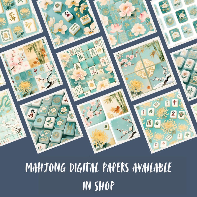 Peut inclure: Plusieurs papiers num&eacute;riques avec des motifs de tuiles de Mahjong. Les papiers pr&eacute;sentent des motifs floraux et de bambou dans des couleurs pastel douces. Le texte "MAHJONG DIGITAL PAPERS AVAILABLE IN SHOP" est visible.